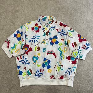 Vintage 80s 90s BonWorth Abstract Colorful Floral Polo Shirt 1X